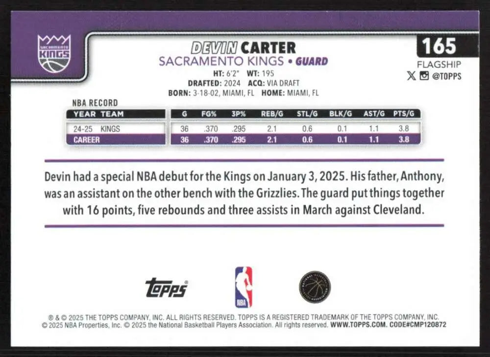 2025-26 Topps #165 Devin Carter NM-MT Sacramento Kings Basketball Card - Basketball Card Single