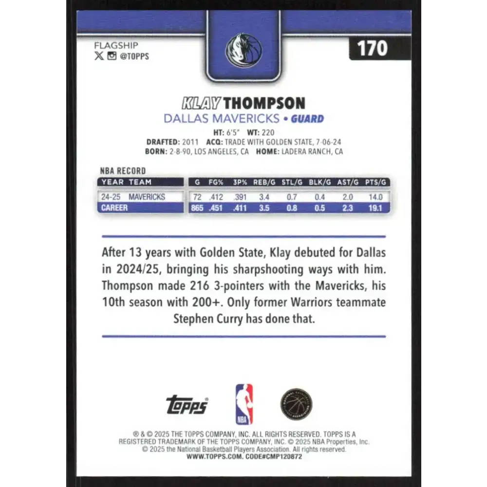 2025-26 Topps #170 Klay Thompson NM-MT Dallas Mavericks Basketball Card - Basketball Card Single
