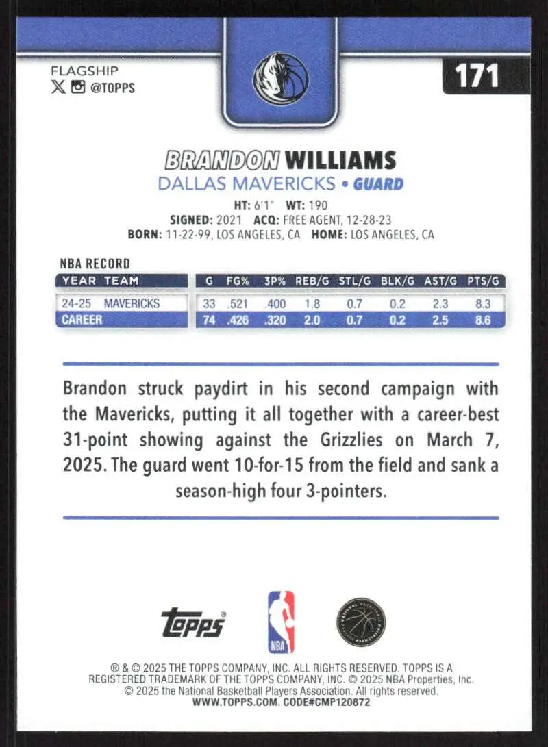 2025-26 Topps #171 Brandon Williams NM-MT Dallas Mavericks Basketball Card - Basketball Card Single