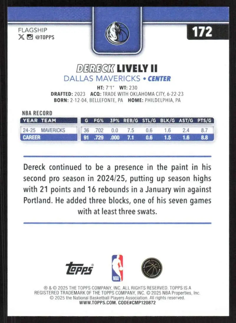 2025-26 Topps #172 Dereck Lively II NM-MT Dallas Mavericks Basketball Card - Basketball Card Single