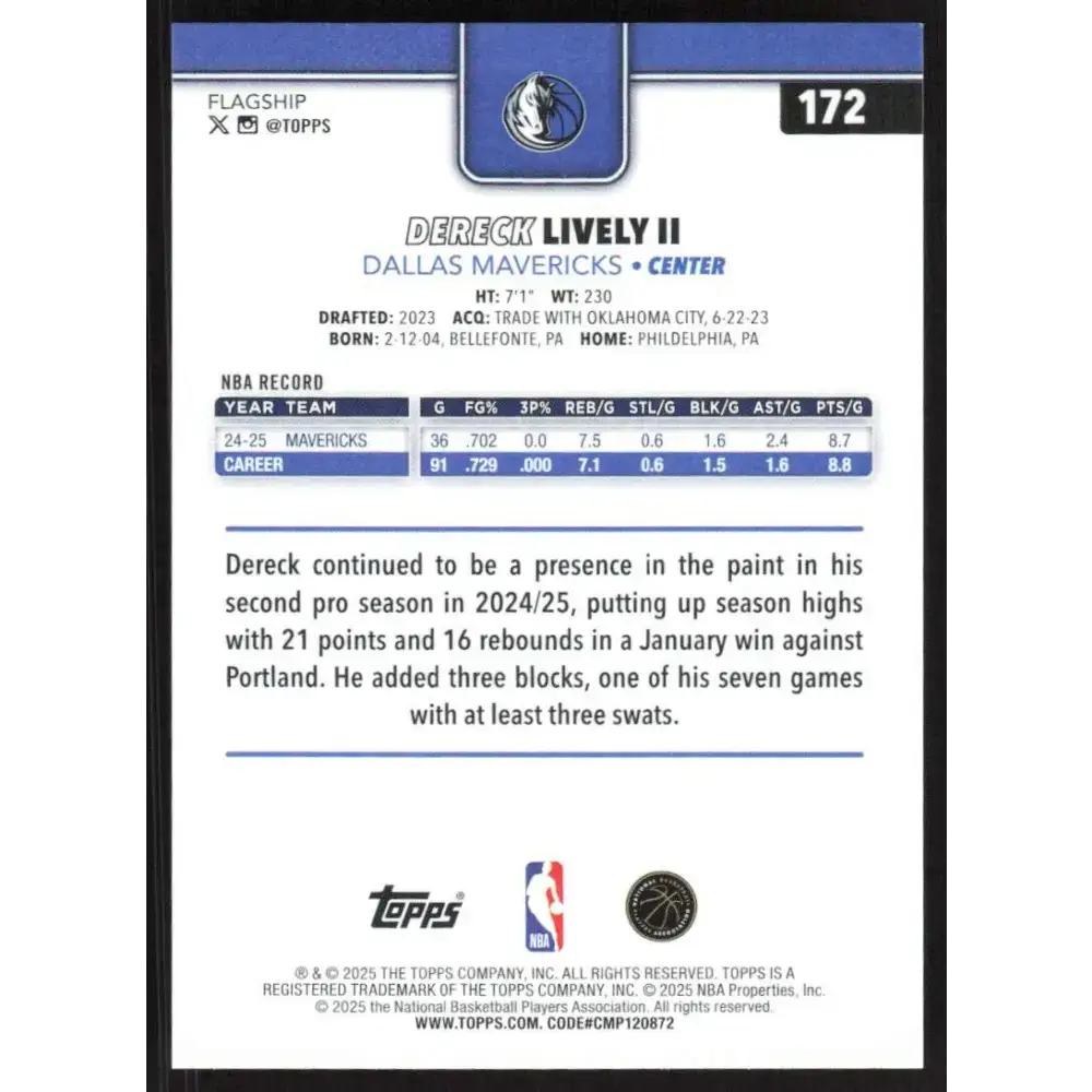 2025-26 Topps #172 Dereck Lively II NM-MT Dallas Mavericks Basketball Card - Basketball Card Single