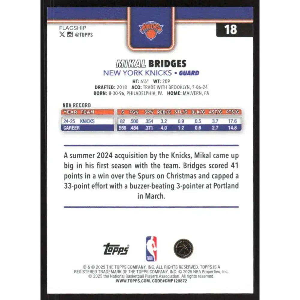 2025-26 Topps #18 Mikal Bridges NM-MT New York Knicks Basketball Card - Basketball Card Single