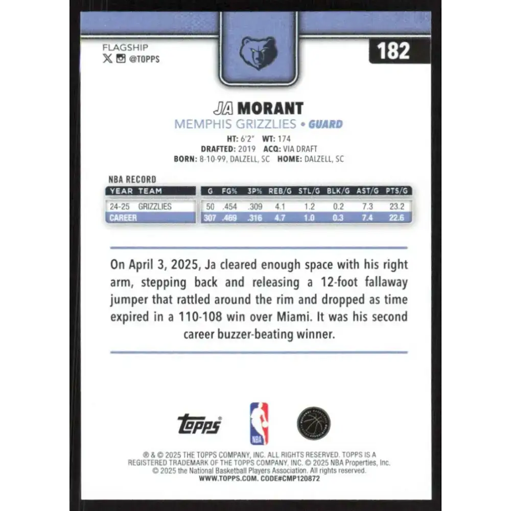 2025-26 Topps #182 Ja Morant NM-MT Memphis Grizzlies Basketball Card - Basketball Card Single