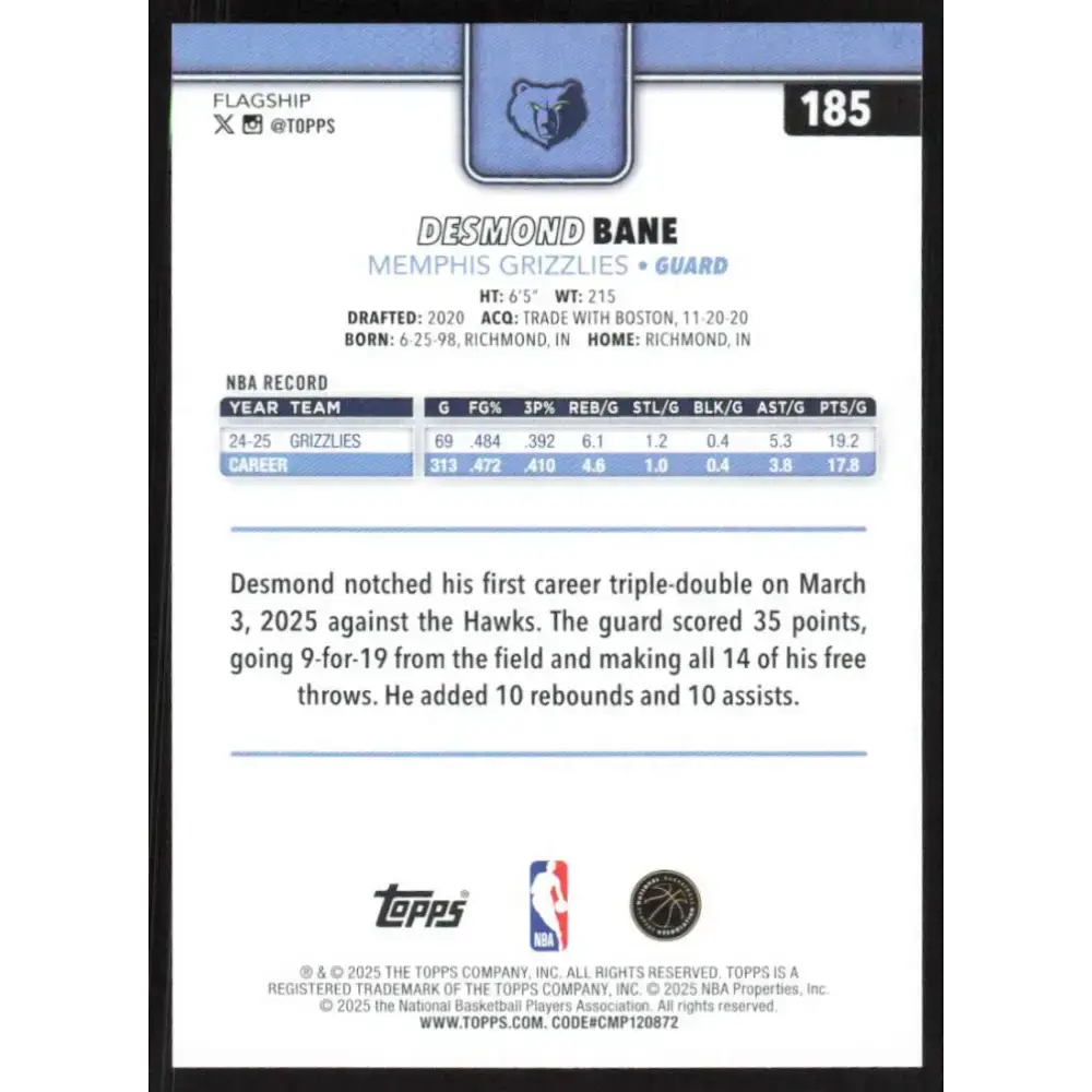 2025-26 Topps #185 Desmond Bane NM-MT Memphis Grizzlies Basketball Card - Basketball Card Single
