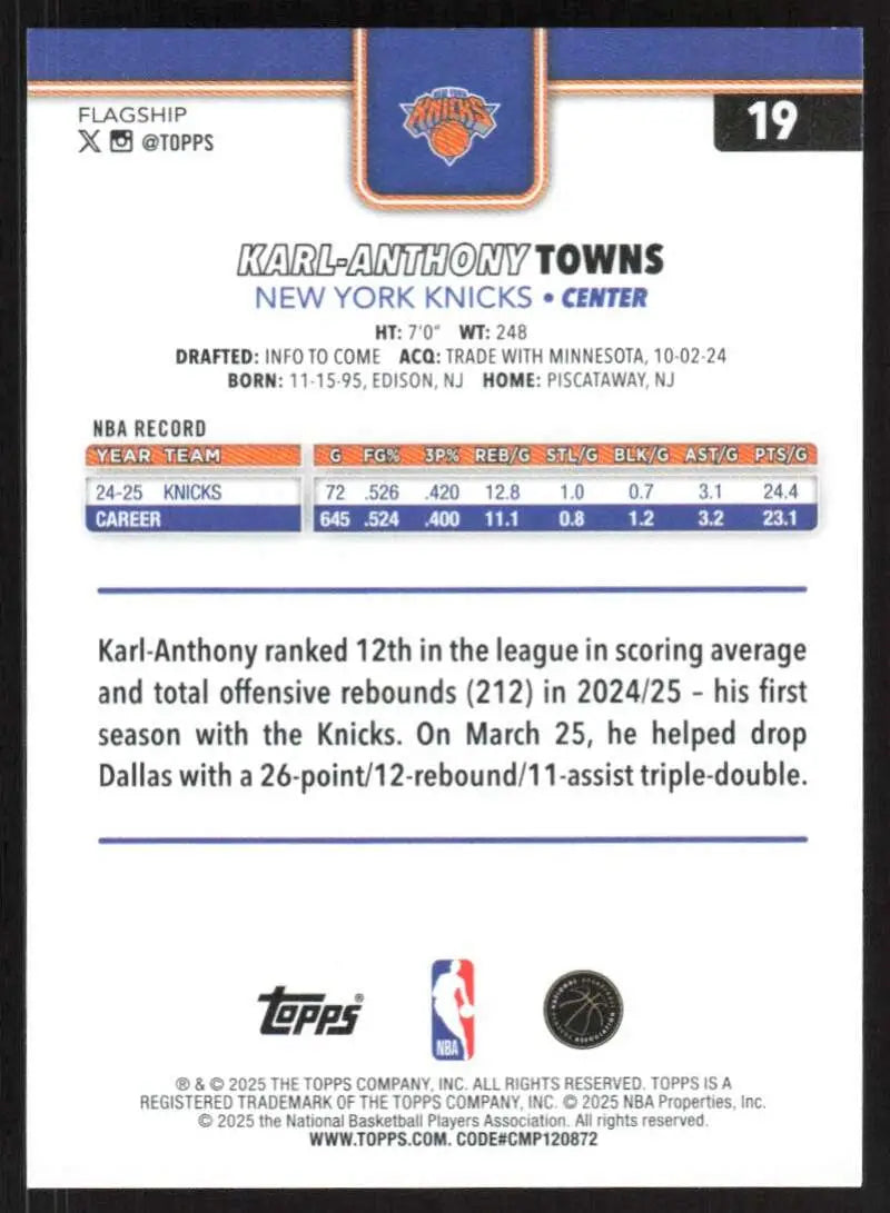 2025-26 Topps #19 Karl-Anthony Towns NM-MT New York Knicks Basketball Card - Basketball Card Single
