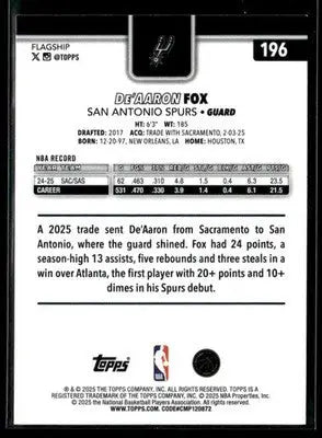 2025-26 Topps #196 De’Aaron Fox - Basketball Card Single