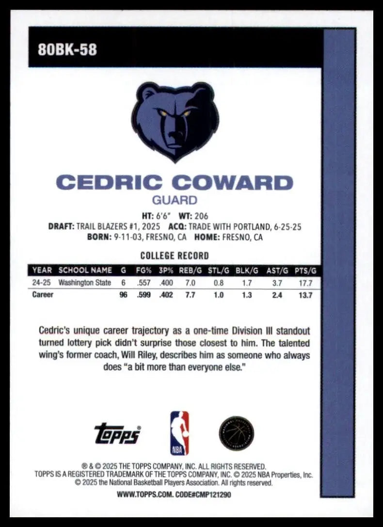 2025-26 Topps 1980-81 Anniversary Cedric Coward Rookie #80BK58 Memphis Grizzlies - Basketball Card Single