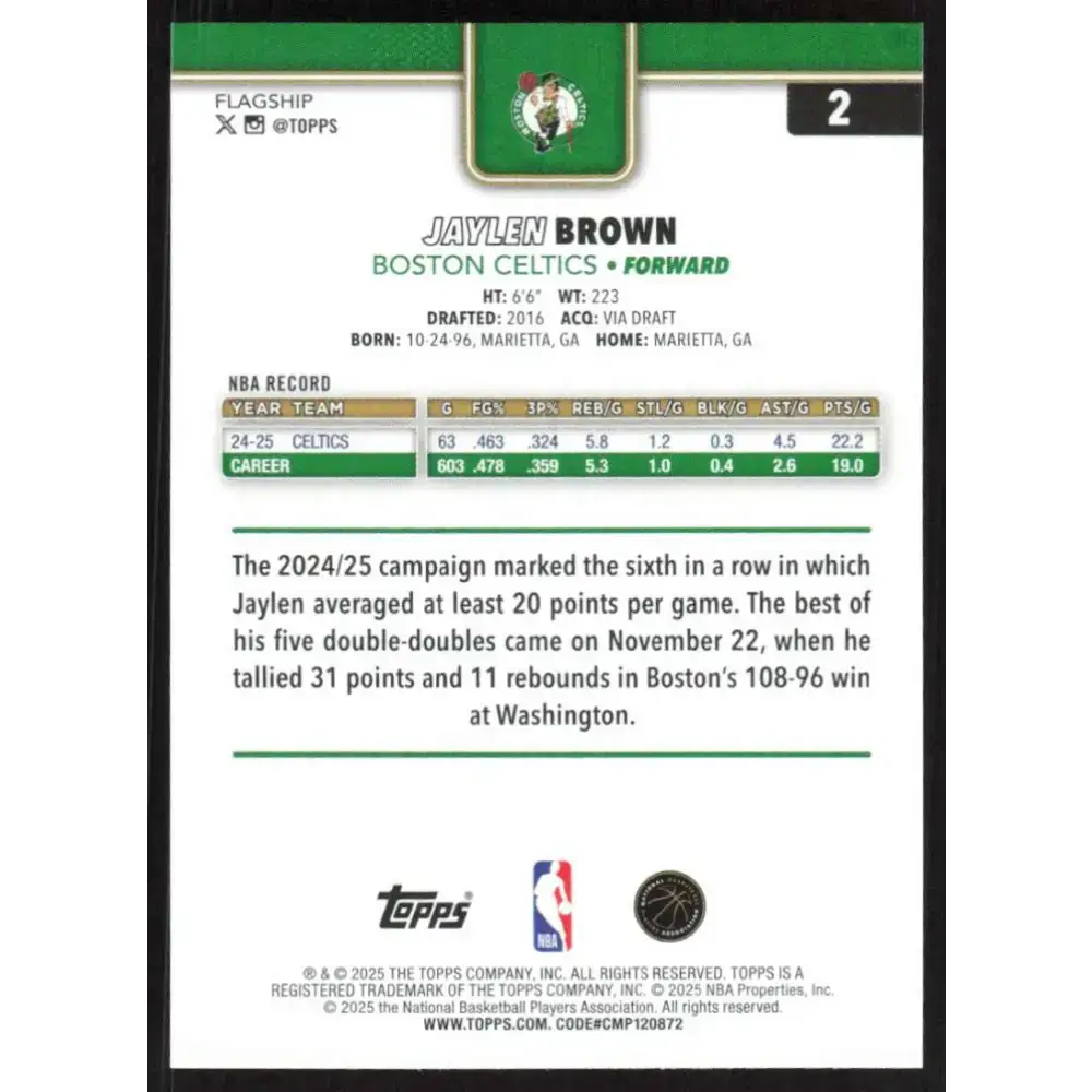 2025-26 Topps #2 Jaylen Brown NM-MT Boston Celtics Basketball Card - Basketball Card Single