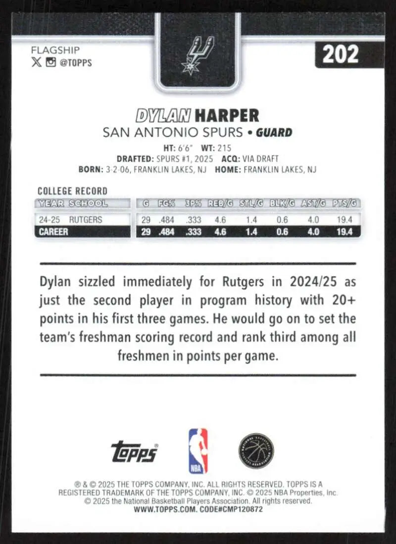 2025-26 Topps #202 Dylan Harper NM-MT RC Rookie San Antonio Spurs Basketball Card - Basketball Card Single
