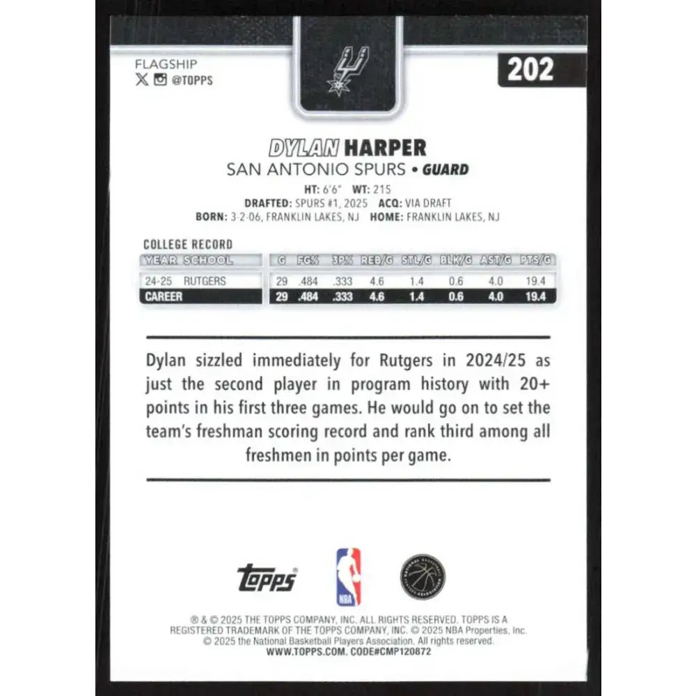 2025-26 Topps #202 Dylan Harper NM-MT RC Rookie San Antonio Spurs Basketball Card - Trading Card