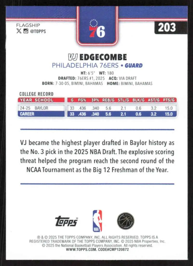 2025-26 Topps #203 VJ Edgecombe NM-MT RC Rookie Philadelphia 76ers Basketball Card - Basketball Card Single