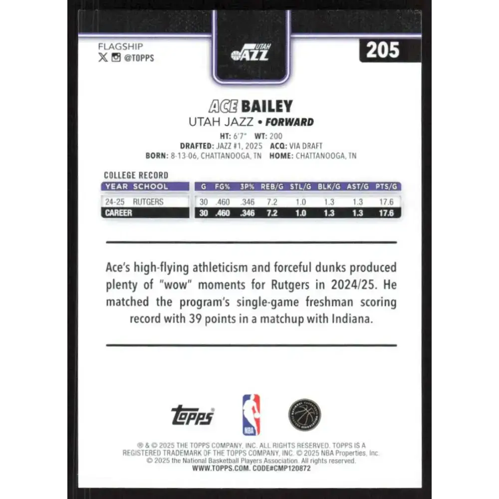 2025-26 Topps #205 Ace Bailey NM-MT RC Rookie Utah Jazz Basketball Card - Basketball Card Single
