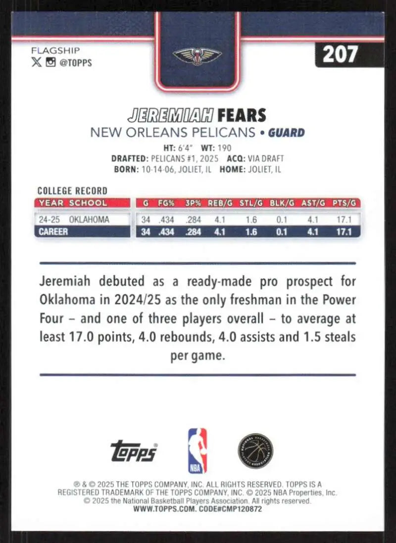 2025-26 Topps #207 Jeremiah Fears NM-MT RC Rookie New Orleans Pelicans Basketball Card - Basketball Card Single
