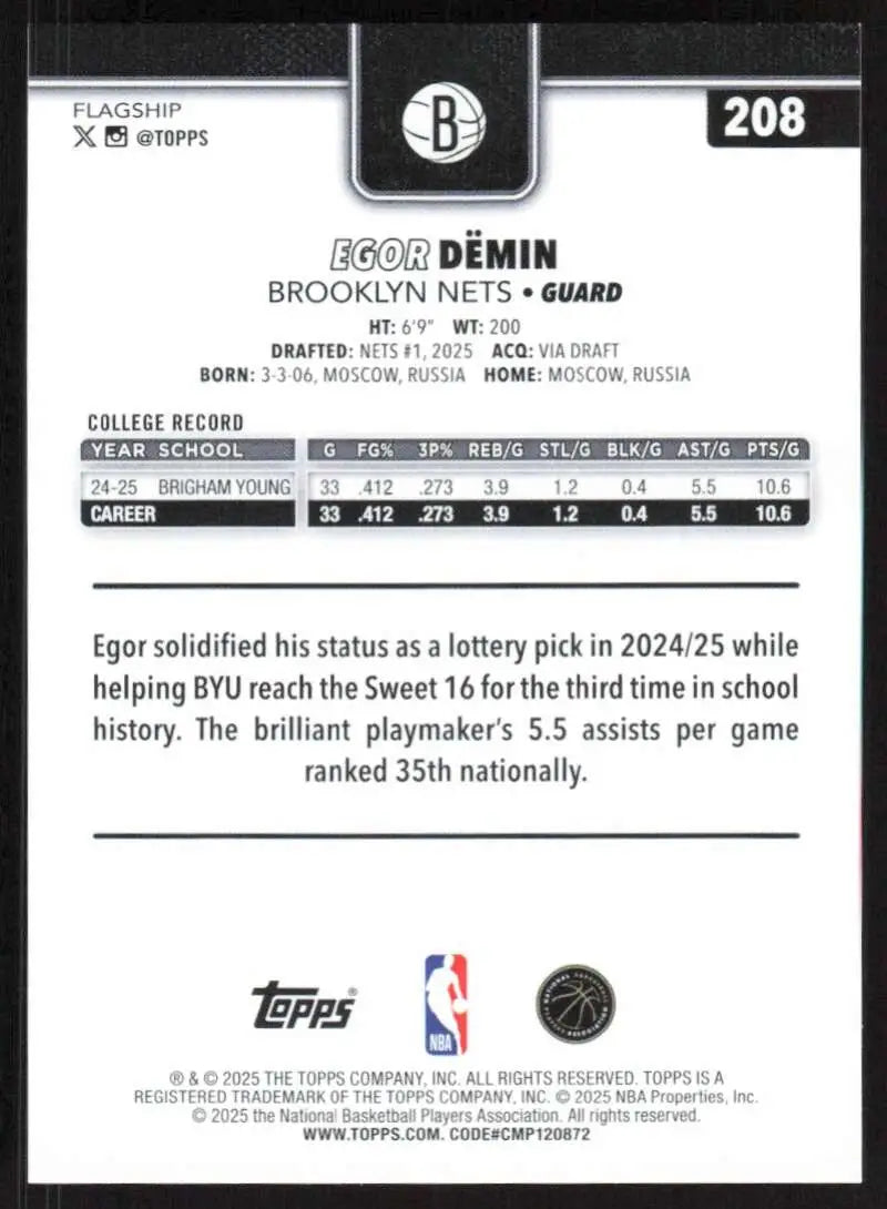 2025-26 Topps #208 Egor Demin NM-MT RC Rookie Brooklyn Nets Basketball Card - Basketball Card Single