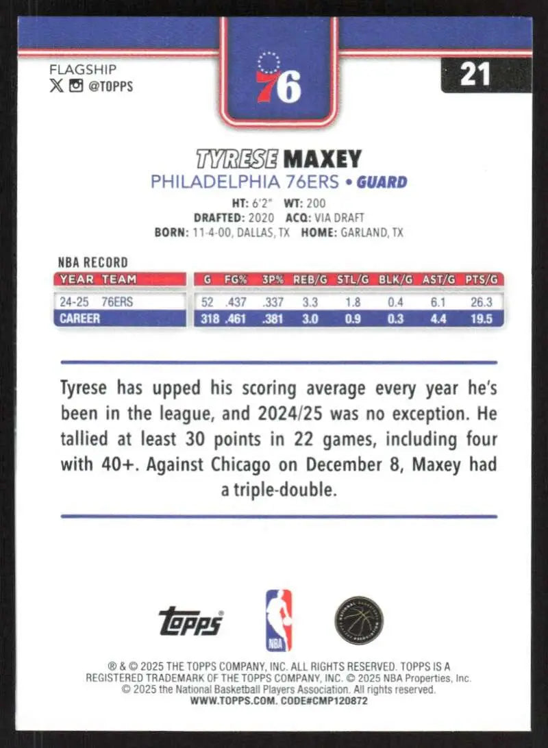 2025-26 Topps #21 Tyrese Maxey NM-MT Philadelphia 76ers Basketball Card - Basketball Card Single