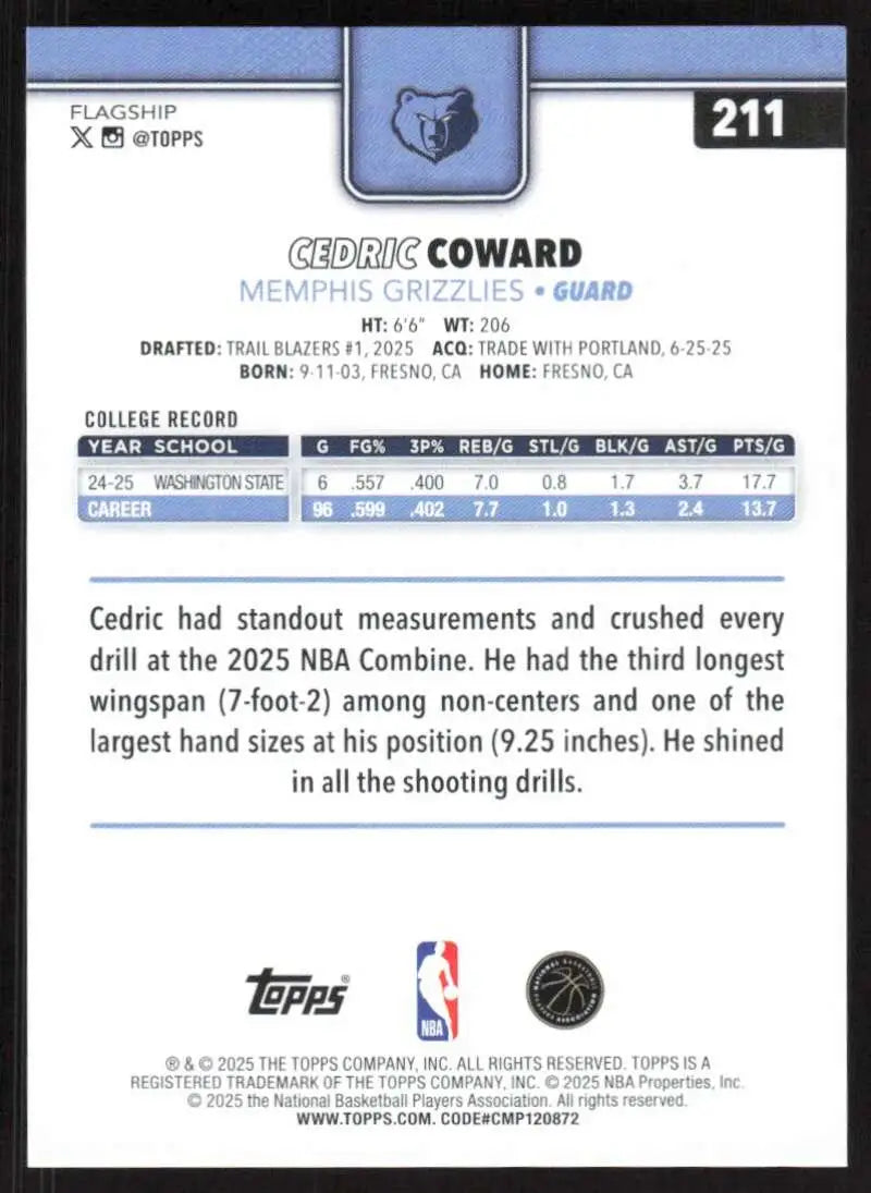 2025-26 Topps #211 Cedric Coward NM-MT RC Rookie Memphis Grizzlies Basketball Card - Basketball Card Single