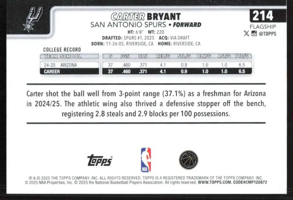 2025-26 Topps #214 Carter Bryant NM-MT RC Rookie San Antonio Spurs Basketball Card - Basketball Card Single
