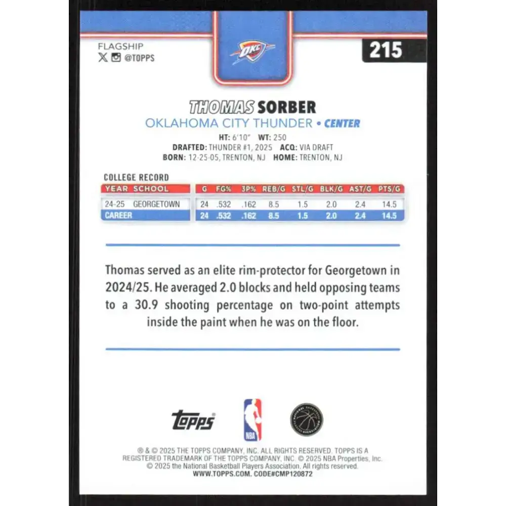 2025-26 Topps #215 Thomas Sorber NM-MT RC Rookie Oklahoma City Thunder Basketball Card - Basketball Card Single
