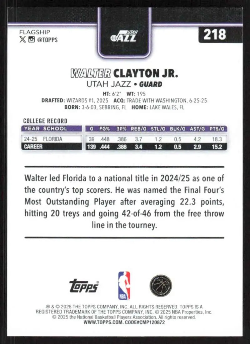 2025-26 Topps #218 Walter Clayton Jr. NM-MT RC Rookie Utah Jazz Basketball Card - Basketball Card Single