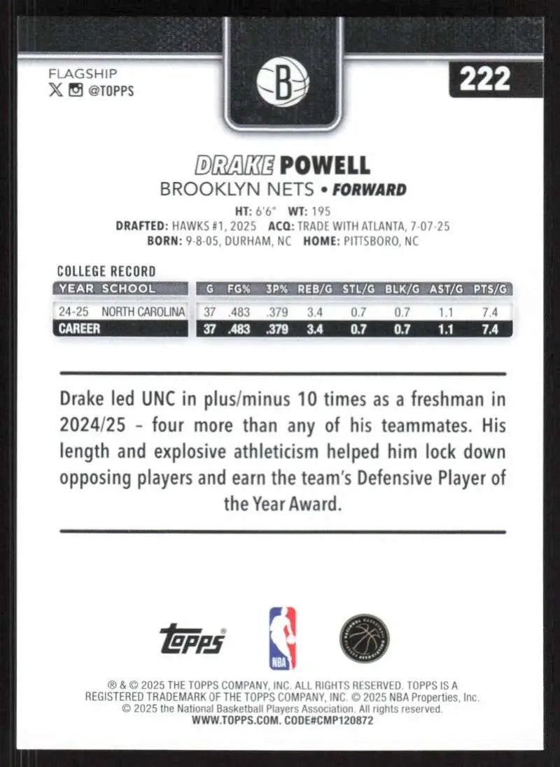 2025-26 Topps #222 Drake Powell NM-MT RC Rookie Brooklyn Nets Basketball Card - Basketball Card Single
