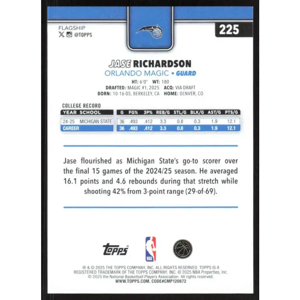 2025-26 Topps #225 Jase Richardson NM-MT RC Rookie Orlando Magic Basketball Card - Basketball Card Single