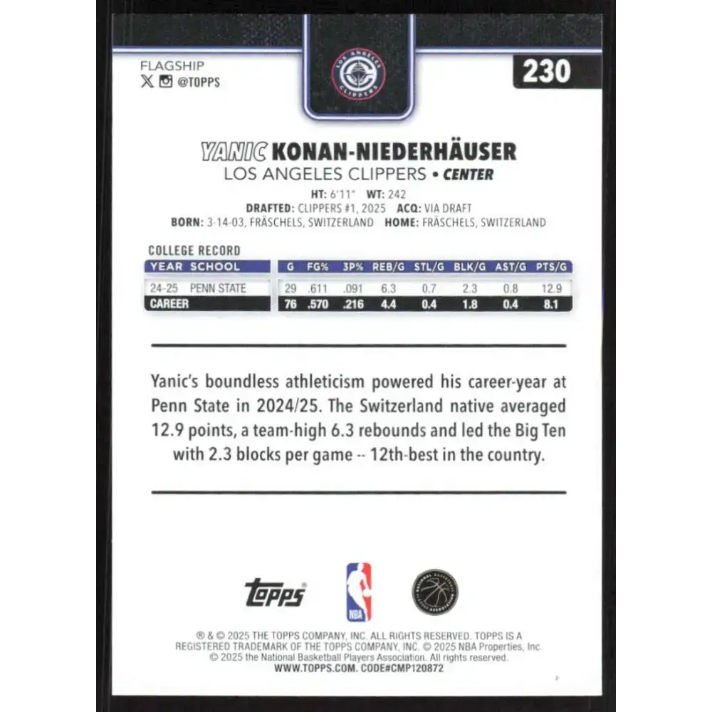 2025-26 Topps #230 Yanic Konan-Niederhauser NM-MT RC Rookie Los Angeles Clippers Basketball Card - Basketball Card