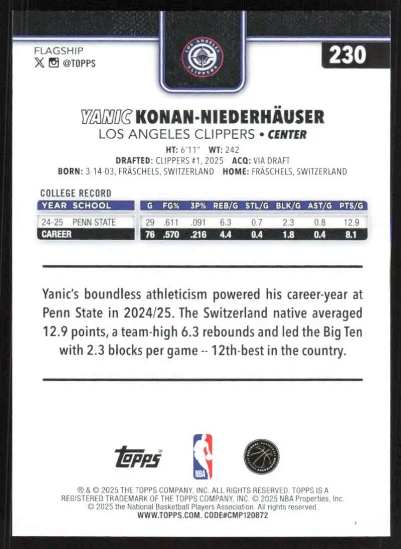 2025-26 Topps #230 Yanic Konan-Niederhauser NM-MT RC Rookie Los Angeles Clippers Basketball Card