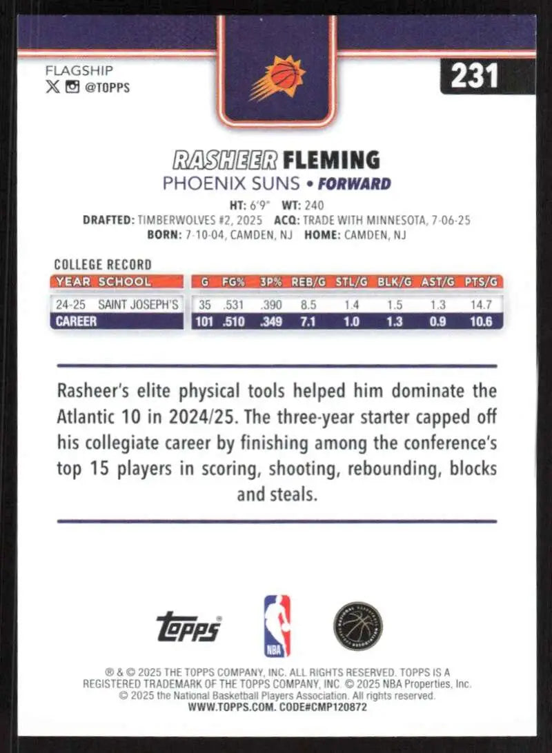 2025-26 Topps #231 Rasheer Fleming NM-MT RC Rookie Phoenix Suns Basketball Card - Basketball Card Single