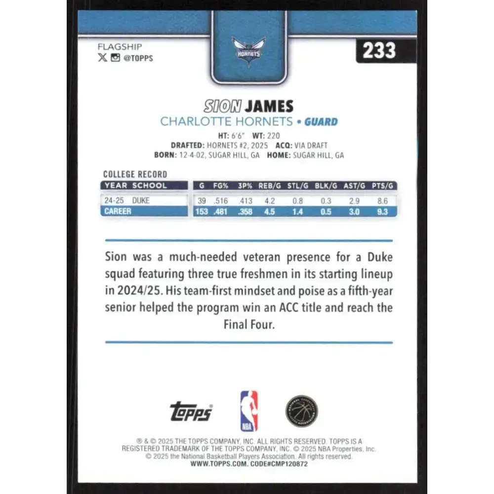 2025-26 Topps #233 Sion James NM-MT RC Rookie Charlotte Hornets Basketball Card - Basketball Card Single