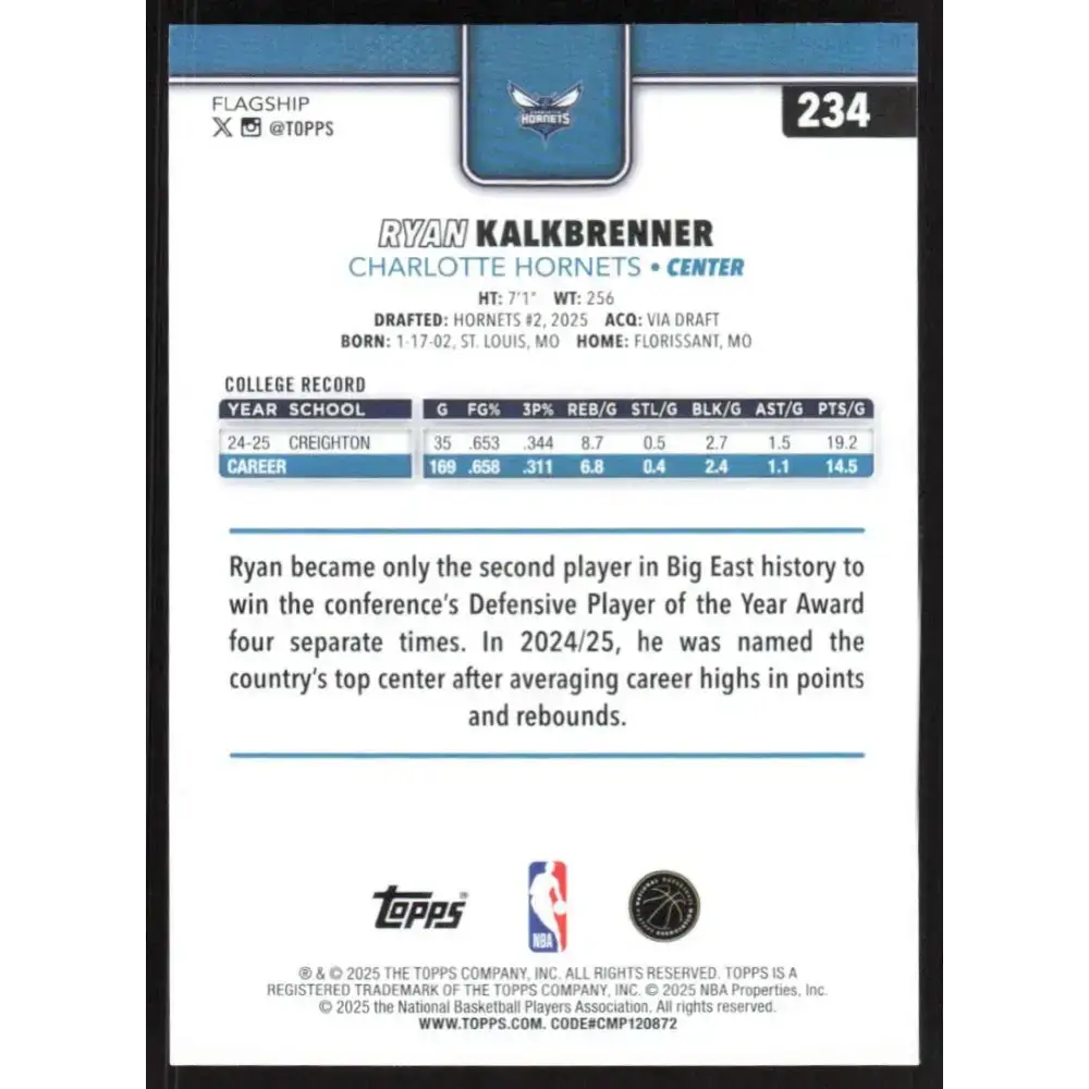 2025-26 Topps #234 Ryan Kalkbrenner NM-MT RC Rookie Charlotte Hornets Basketball Card - Basketball Card Single