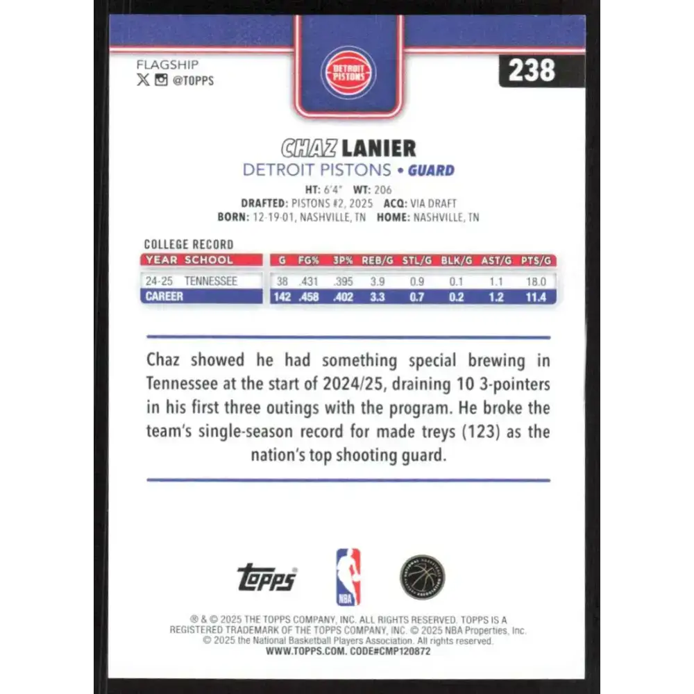 2025-26 Topps #238 Chaz Lanier NM-MT RC Rookie Detroit Pistons Basketball Card - Basketball Card Single