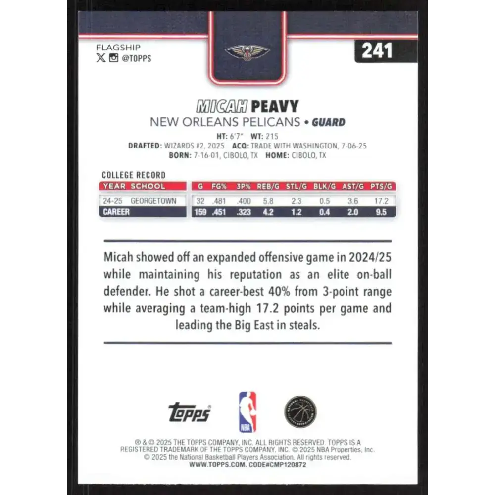 2025-26 Topps #241 Micah Peavy NM-MT RC Rookie New Orleans Pelicans Basketball Card