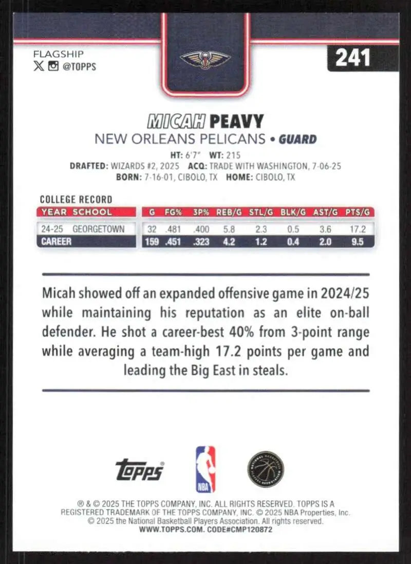 2025-26 Topps #241 Micah Peavy NM-MT RC Rookie New Orleans Pelicans Basketball Card