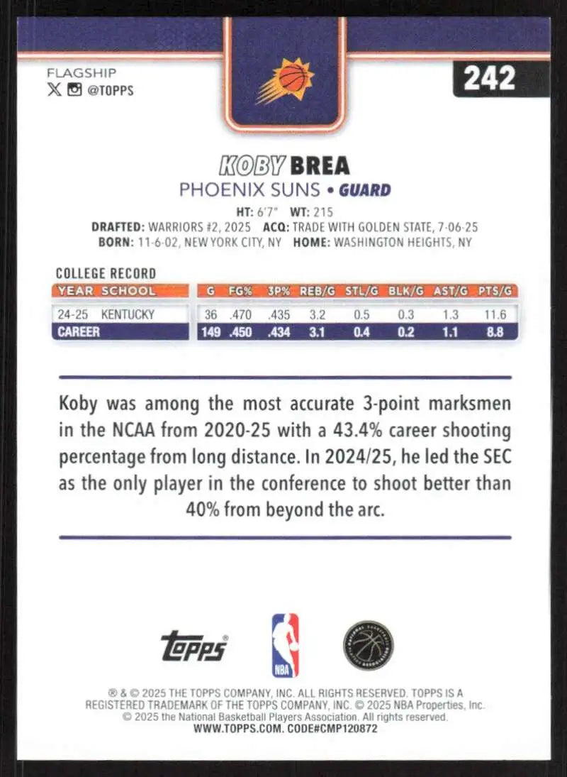 2025-26 Topps #242 Koby Brea NM-MT RC Rookie Phoenix Suns Basketball Card - Basketball Card Single