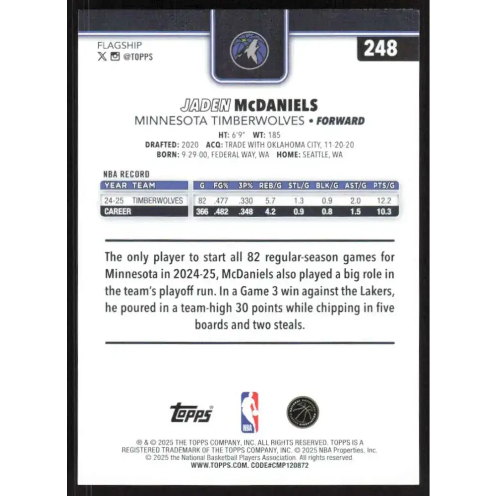 2025-26 Topps #248 Jaden McDaniels NM-MT Minnesota Timberwolves Basketball Card - Basketball Card Single