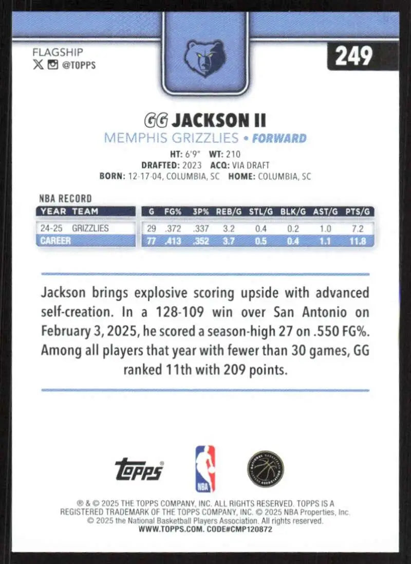 2025-26 Topps #249 GG Jackson II NM-MT Memphis Grizzlies Basketball Card - Basketball Card Single