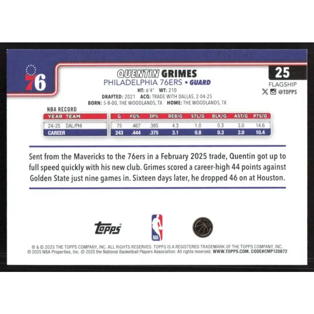 2025-26 Topps #25 Quentin Grimes NM-MT Philadelphia 76ers Basketball Card - Basketball Card Single