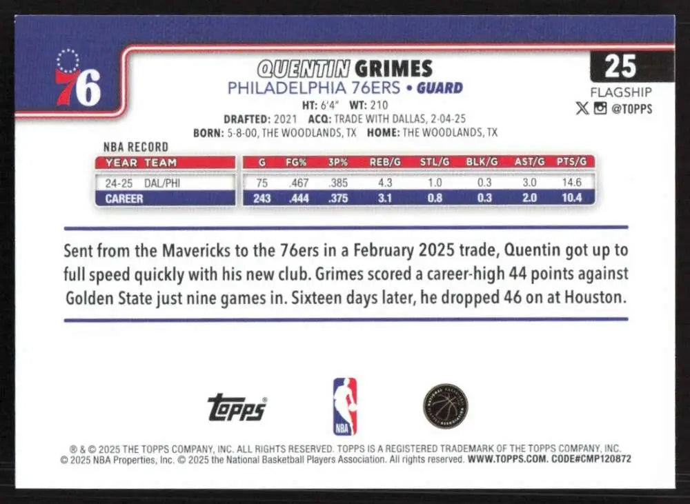 2025-26 Topps #25 Quentin Grimes NM-MT Philadelphia 76ers Basketball Card - Basketball Card Single