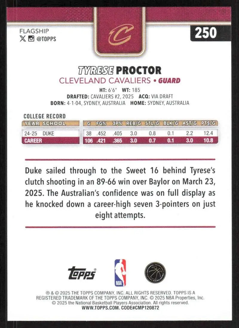 2025-26 Topps #250 Tyrese Proctor NM-MT RC Rookie Cleveland Cavaliers Basketball Card - Basketball Card Single