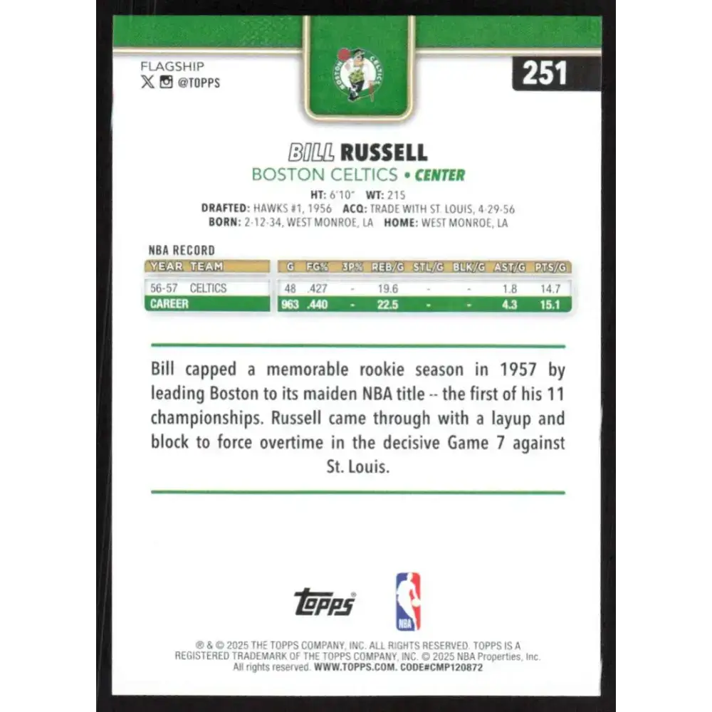 2025-26 Topps #251 Bill Russell NM-MT Boston Celtics Basketball Card - Trading Cards