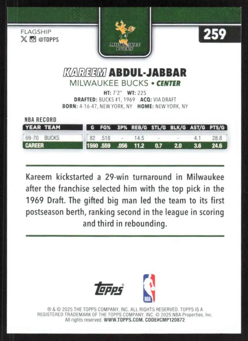 2025-26 Topps #259 Kareem Abdul-Jabbar NM-MT Milwaukee Bucks Basketball Card - Basketball Card Single