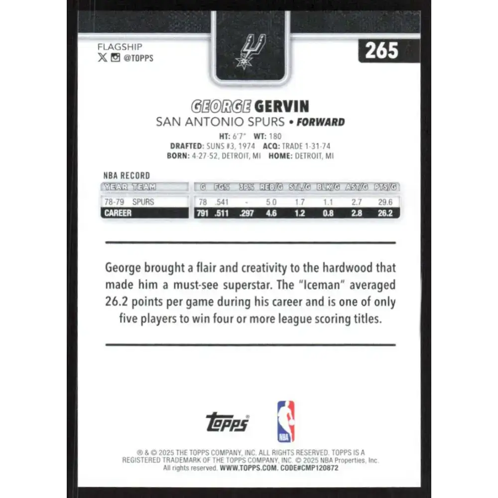 2025-26 Topps #265 George Gervin NM-MT San Antonio Spurs Basketball Card - Basketball Card Single
