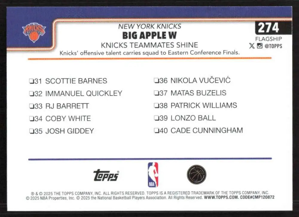 2025-26 Topps #274 Jalen Brunson NM-MT New York Knicks Basketball Card - Basketball Card Single