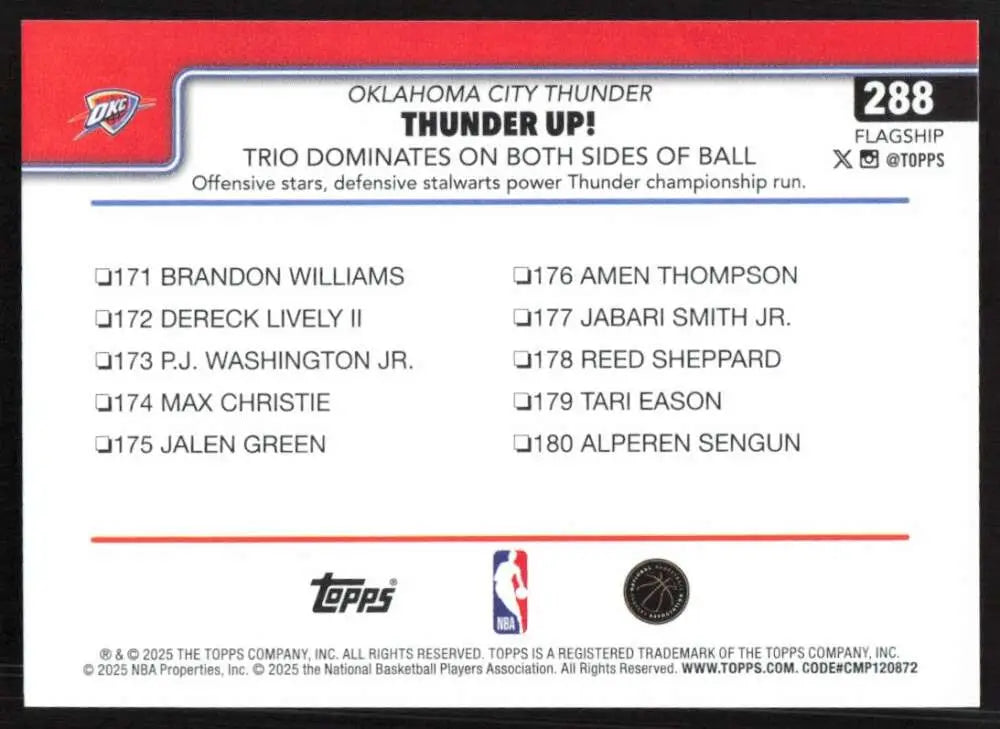 2025-26 Topps #288 Shai Gilgeous-Alexander NM-MT Oklahoma City Thunder Basketball Card - Basketball Card Single