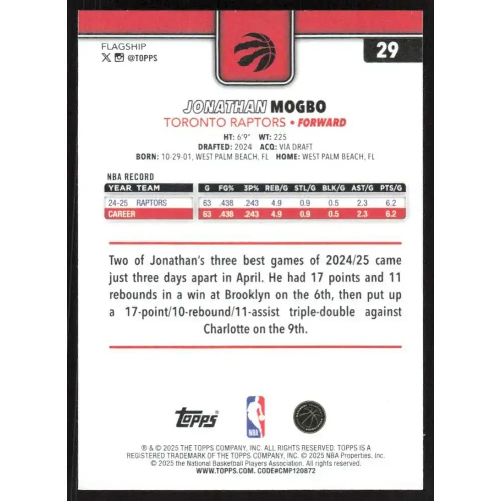 2025-26 Topps #29 Jonathan Mogbo NM-MT Toronto Raptors Basketball Card - Basketball Card Single