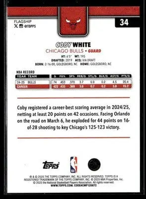 2025-26 Topps #34 Coby White Base Chicago Bulls - Basketball Card Single