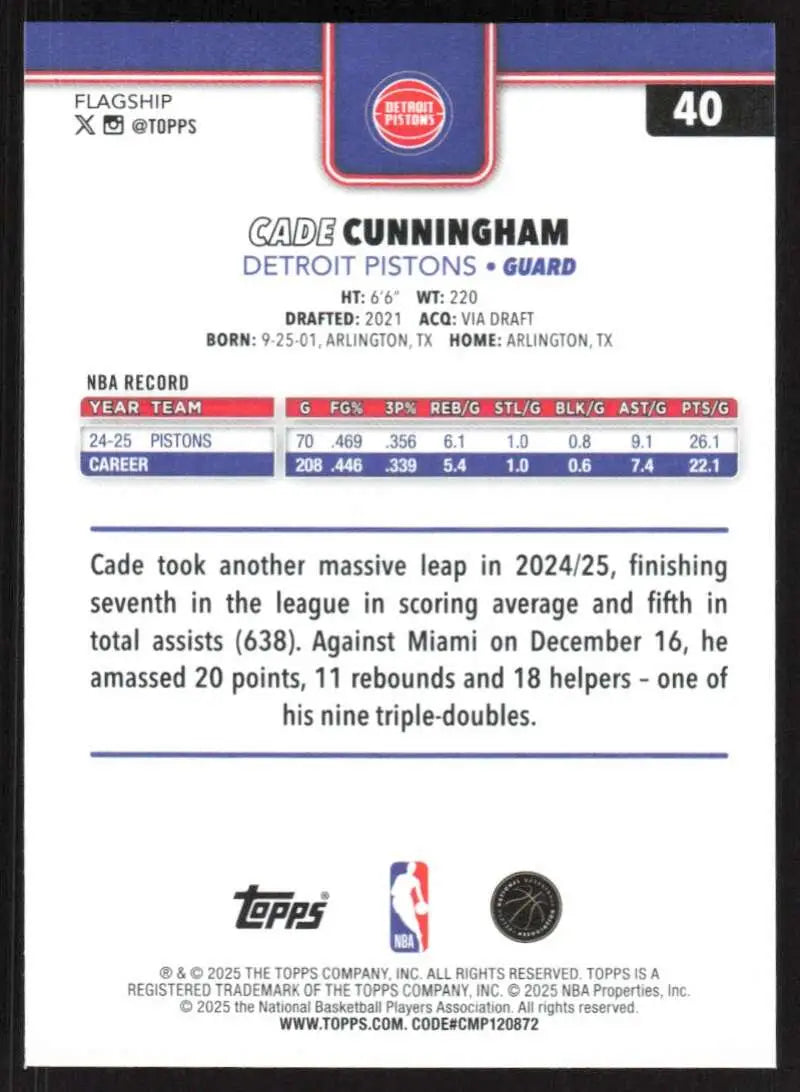 2025-26 Topps #40 Cade Cunningham NM-MT Detroit Pistons Basketball Card - Basketball Card Single