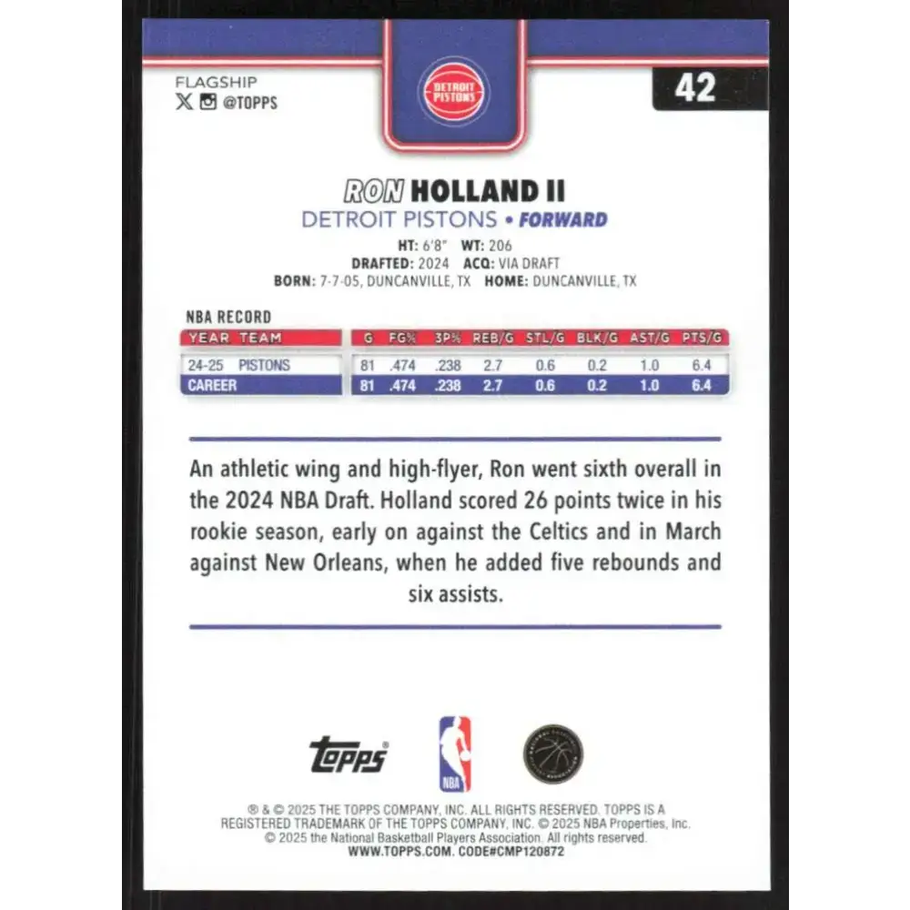 2025-26 Topps #42 Ron Holland II NM-MT Detroit Pistons Basketball Card - Basketball Card Single