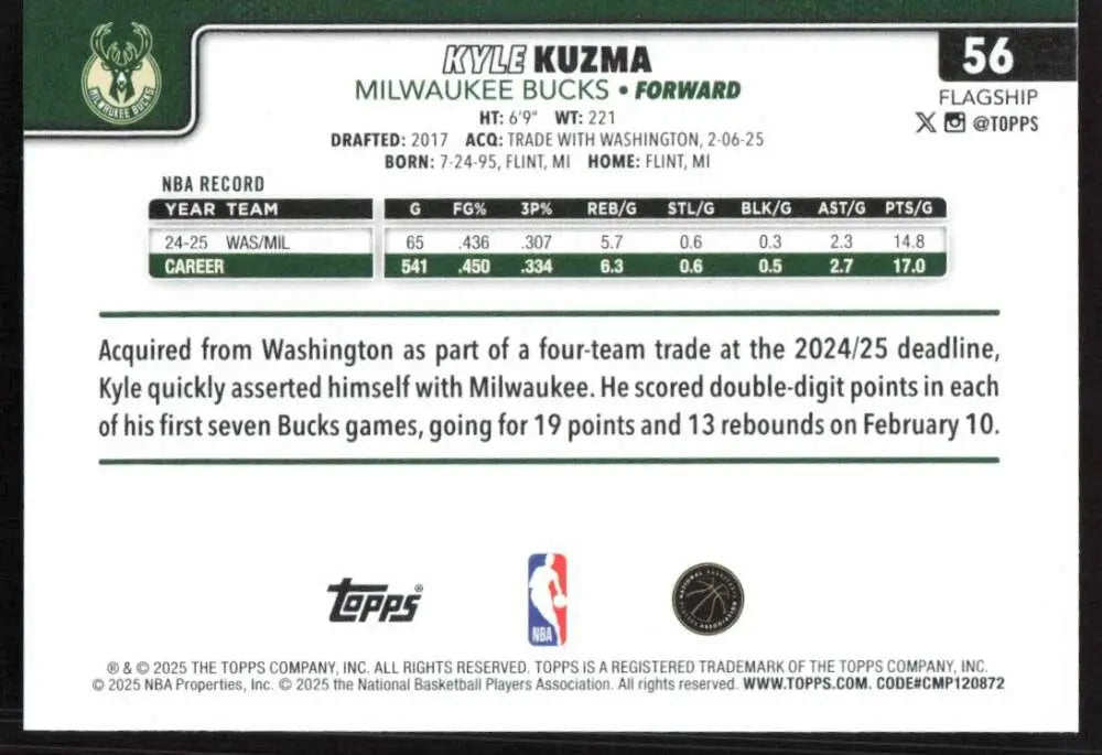 2025-26 Topps #56 Kyle Kuzma NM-MT Milwaukee Bucks Basketball Card - Basketball Card Single