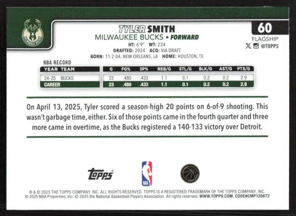 2025-26 Topps #60 Tyler Smith NM-MT Milwaukee Bucks Basketball Card - Basketball Card Single